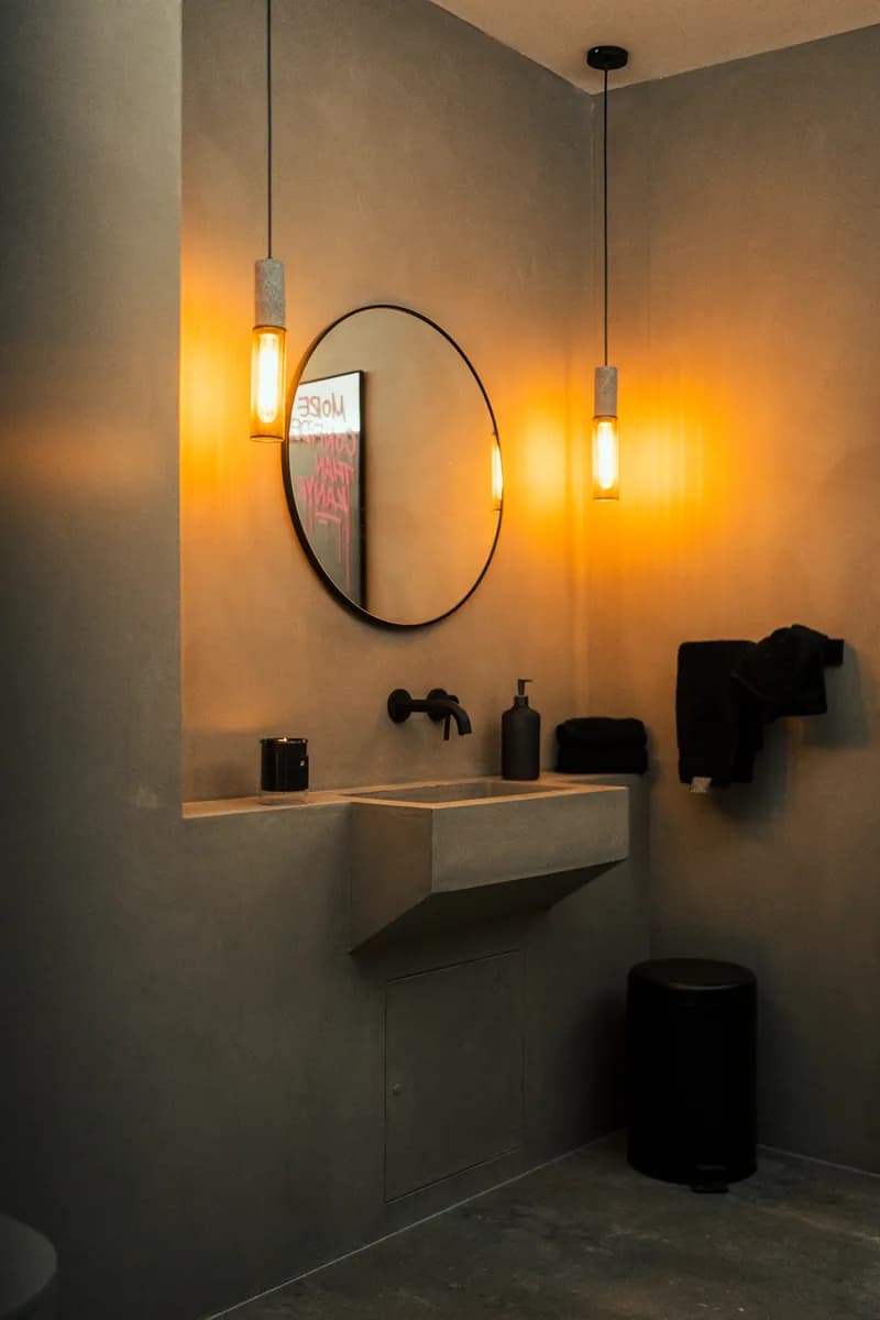 Pendant lighting over the concrete basin in the bathroom