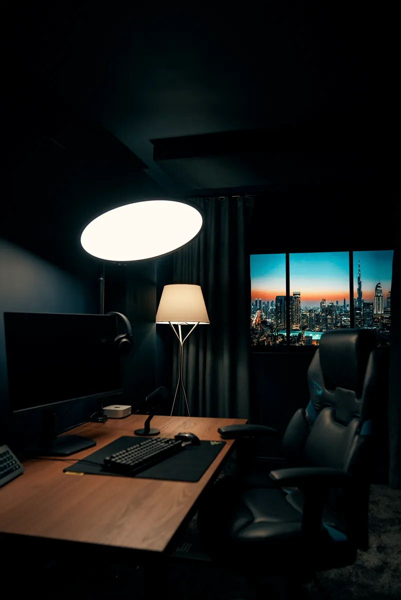 Desk, floor lamp and gaming chair against the skyline window in Ready Player One