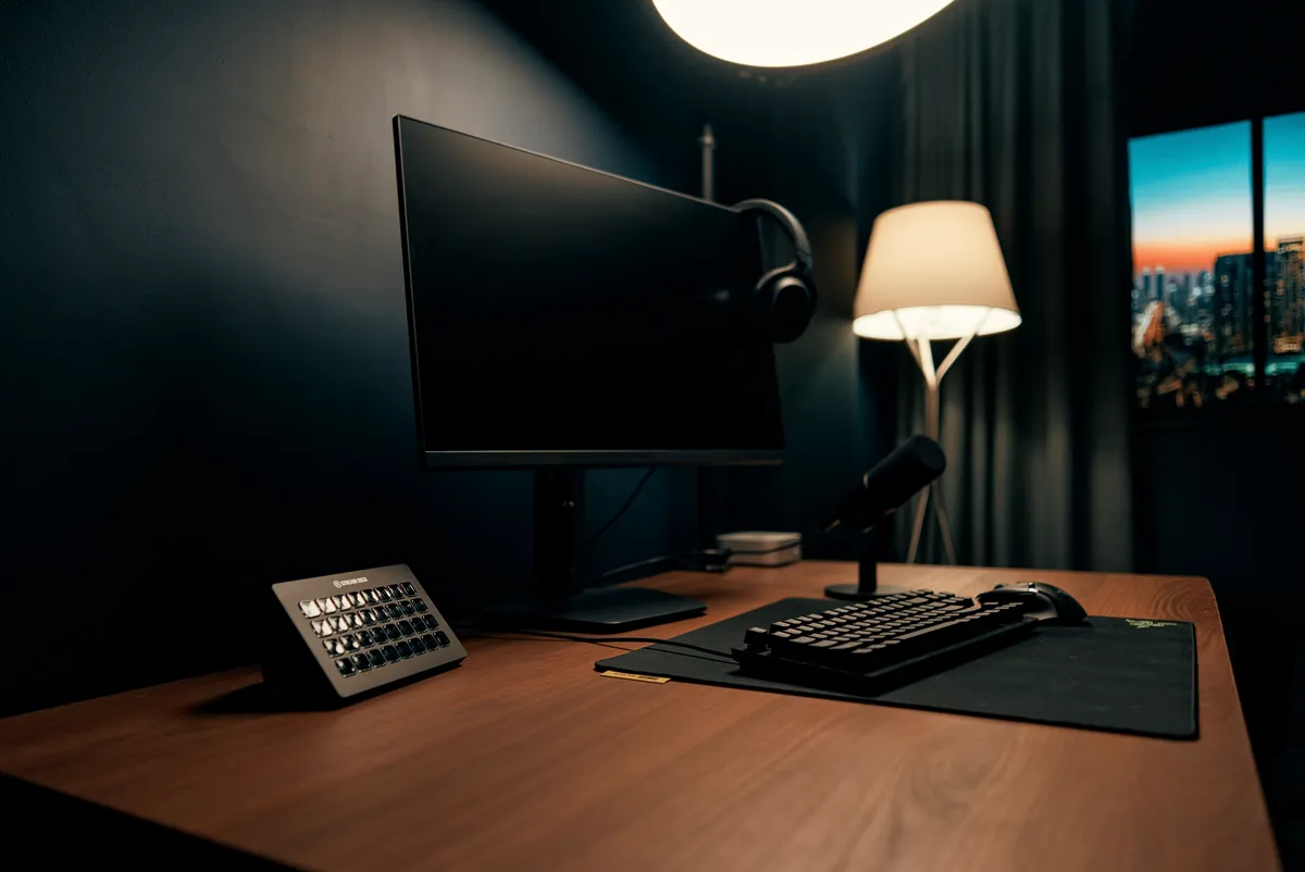 Monitor, stream deck, keyboard and microphone on the desk in Ready Player One