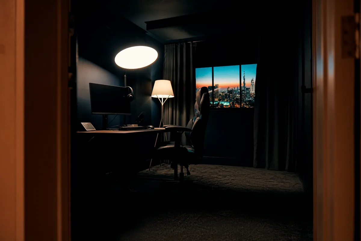 Desk, gaming chair and skyline window under the halo light in Ready Player One