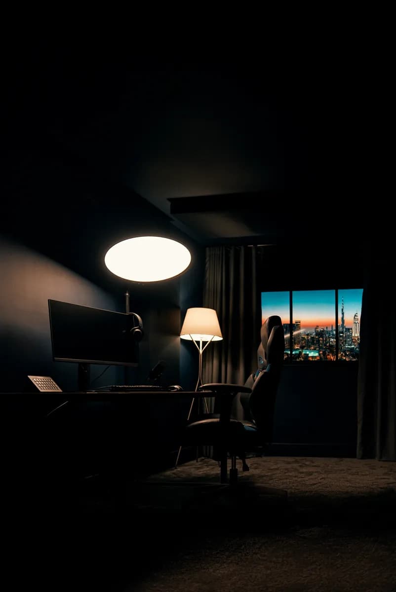 Wide view of Ready Player One with the desk, halo light and skyline window