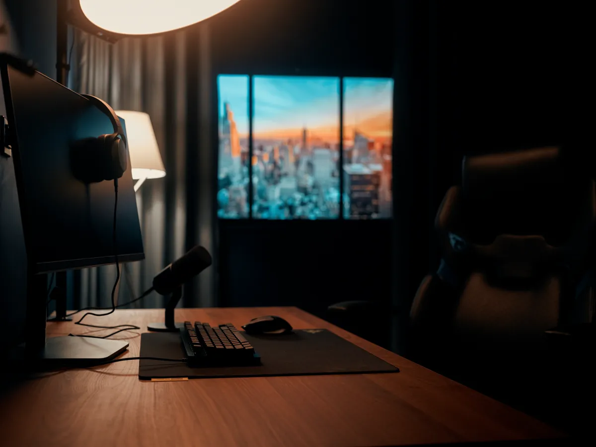Desk, microphone and skyline backdrop in Ready Player One