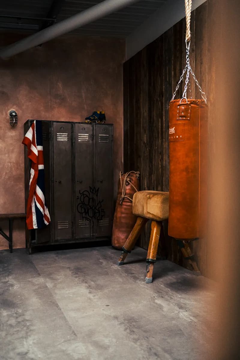 Vintage lockers, Union Jack and leather punch bag in The Bowery