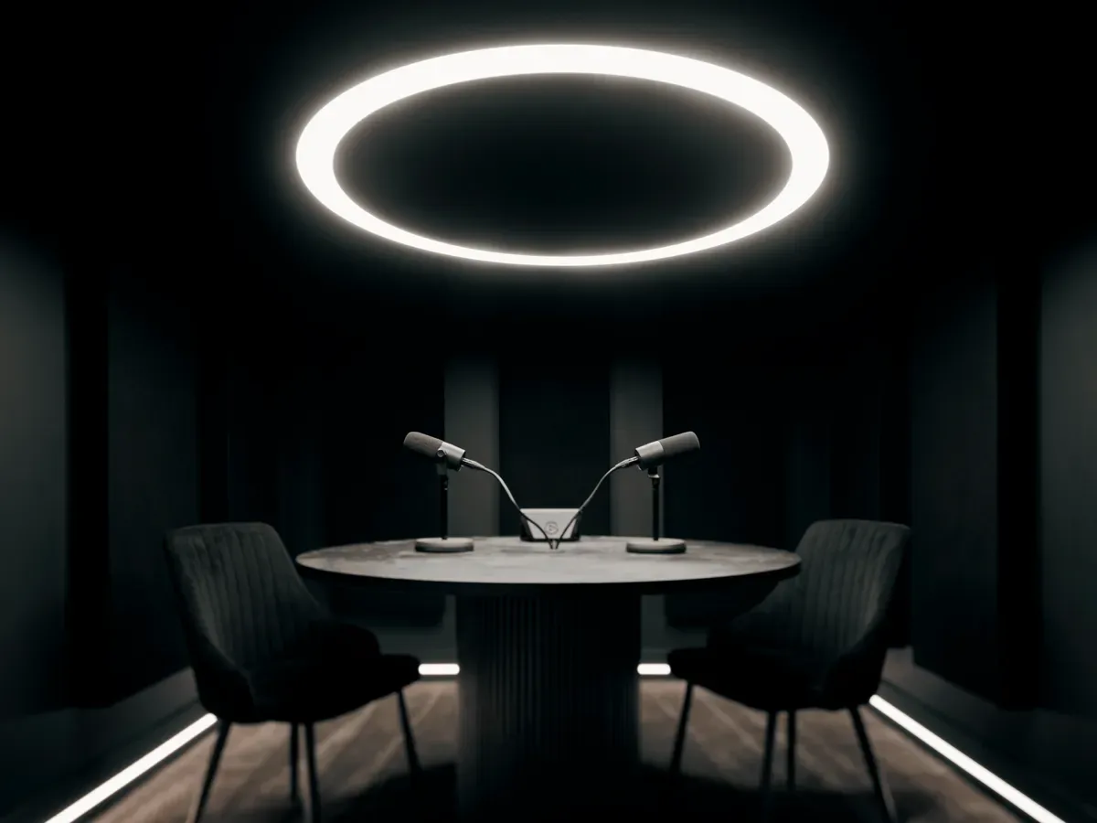 Story + Space Round Table podcast studio with microphones and halo lighting